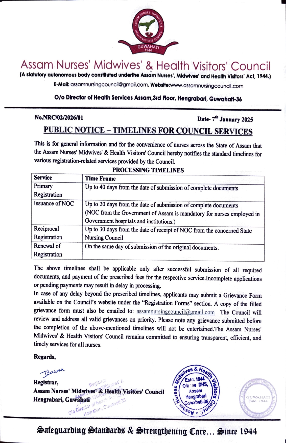 Public Notice - Timelines for Council Services, January-2026